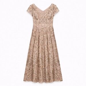 Oleg Cassini Blush Gold‎ Floral Embroidered Sequined Formal Gown Dress Size 12